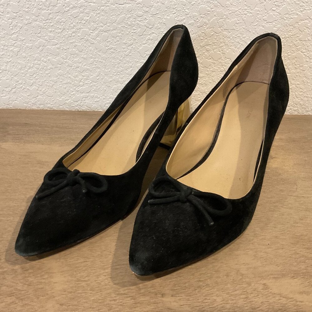 Ann Taylor Velvet Pointed Toe Block Heels – Black with Gold Heel, Size 8.5